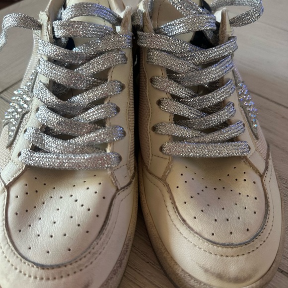 Golden Goose Beige and Silver Glitter Sneakers